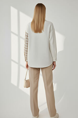 Kadın Bej Oversize Fit Ekoseli Desenli Uzun Kollu %100 Pamuk Gömlek, Ceket, Kadın Oduncu Gömlek