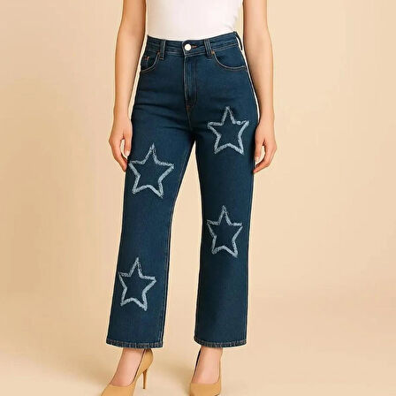 KADIN JEANS- YILDIZ DESENLİ GENİŞ PAÇA ESNEK KOT PANTOLON