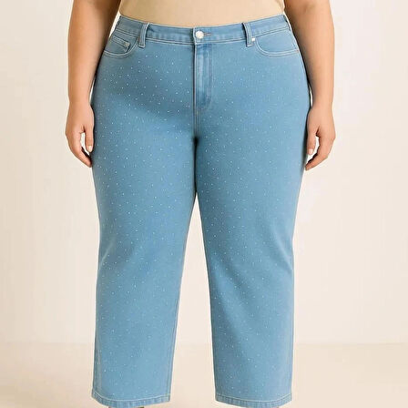 EXTRA BÜYÜK BEDEN KADIN JEANS- GENİŞ PAÇA LİKRALI ESNEK SERPME TAŞLI KOT PANTOLON