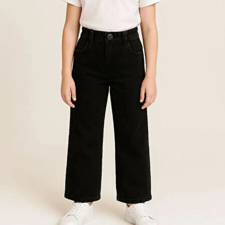 KIZ ÇOCUK JEANS-BELİ LASTİKLİ DÜĞMELİ GENİŞ PAÇA KOT PANTOLON