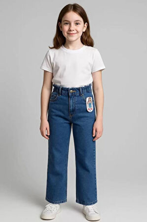 KIZ ÇOCUK JEANS-BELİ LASTİKLİ DÜĞMELİ GENİŞ PAÇA KOT PANTOLON