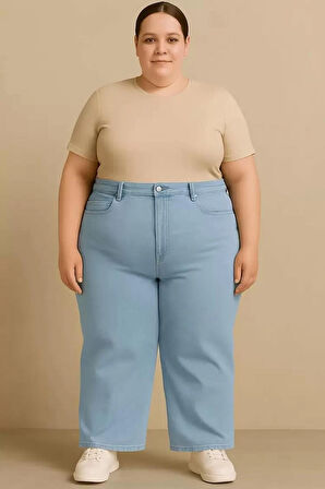 EXTRA BÜYÜK BEDEN KADIN JEANS- GENİŞ PAÇA YÜKSEK BEL ESNEK LİKRALI KOT PANTOLON