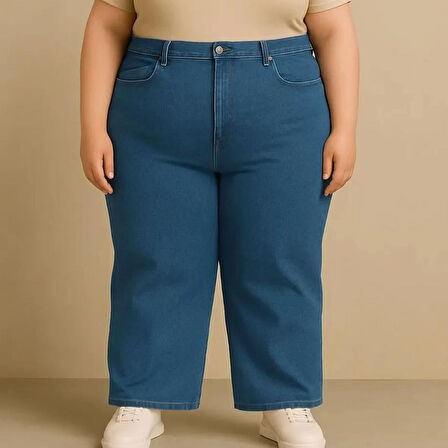 EXTRA BÜYÜK BEDEN KADIN JEANS- GENİŞ PAÇA YÜKSEK BEL ESNEK LİKRALI KOT PANTOLON