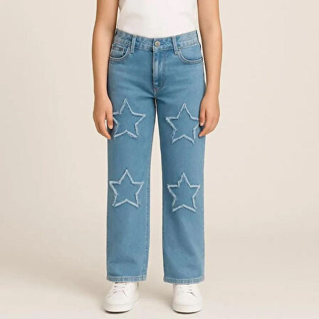 KIZ ÇOCUK JEANS- YILDIZ DESENLİ GENİŞ PAÇA ESNEK KOT PANTOLON