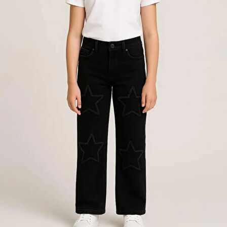 KIZ ÇOCUK JEANS- YILDIZ DESENLİ GENİŞ PAÇA ESNEK KOT PANTOLON