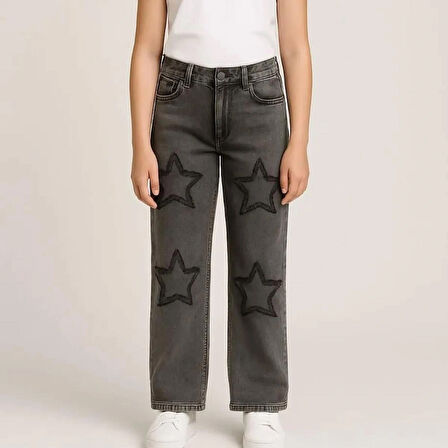 KIZ ÇOCUK JEANS- YILDIZ DESENLİ GENİŞ PAÇA ESNEK KOT PANTOLON