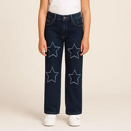 KIZ ÇOCUK JEANS- YILDIZ DESENLİ GENİŞ PAÇA ESNEK KOT PANTOLON
