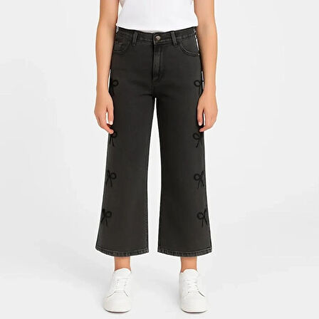 KIZ ÇOCUK JEANS- PAPYON DESENLİ GENİŞ PAÇA ESNEK KOT PANTOLON