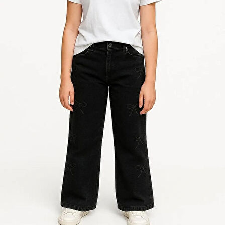 KIZ ÇOCUK JEANS- PAPYON DESENLİ GENİŞ PAÇA ESNEK KOT PANTOLON