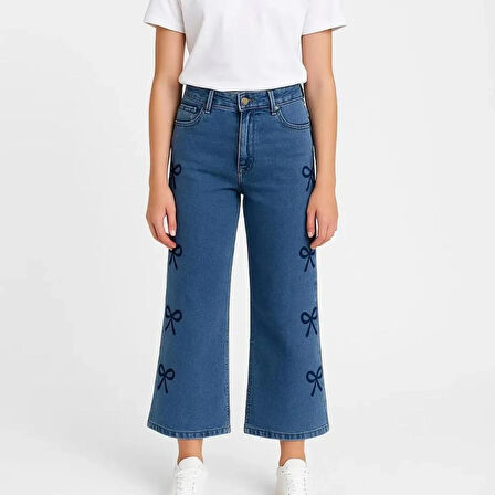 KIZ ÇOCUK JEANS- PAPYON DESENLİ GENİŞ PAÇA ESNEK KOT PANTOLON