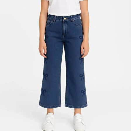 KIZ ÇOCUK JEANS- PAPYON DESENLİ GENİŞ PAÇA ESNEK KOT PANTOLON