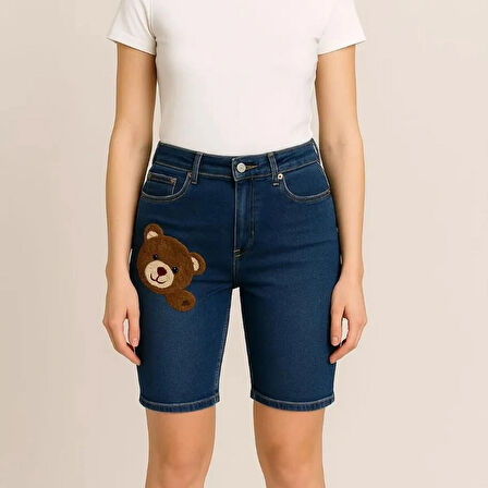 KADIN/KIZ JEANS - AYICIK DETAYLI ESNEK LİKRALI KOT ŞORT