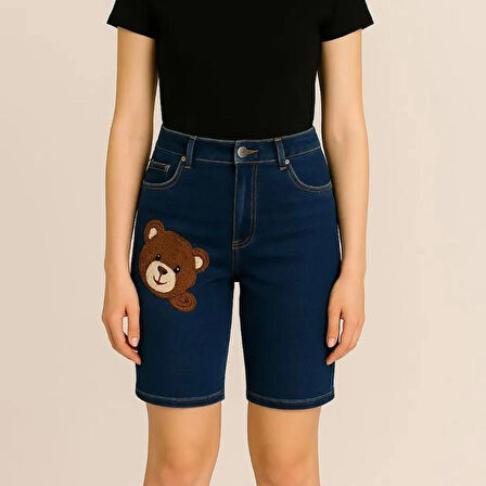 KADIN/KIZ JEANS - AYICIK DETAYLI ESNEK LİKRALI KOT ŞORT