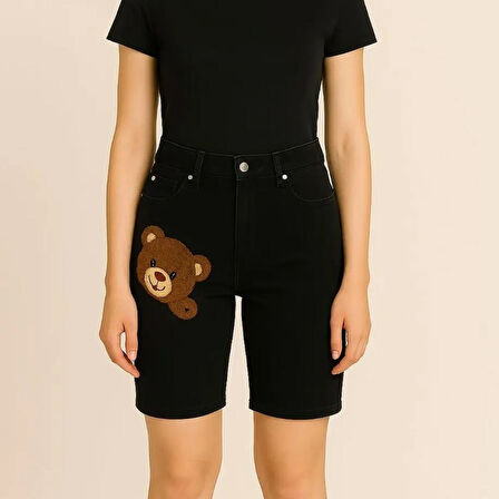 KADIN/KIZ JEANS - AYICIK DETAYLI ESNEK LİKRALI KOT ŞORT