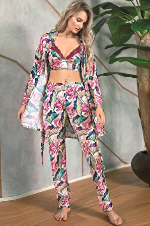 Eterelle Floral Desenli Bralet Sütyenli Saten Pijama Sabahlık Takımı 5627