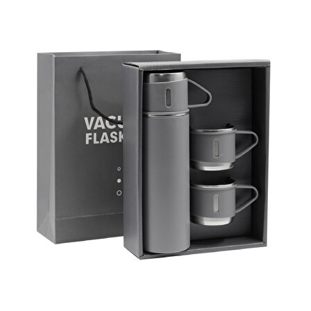 Elegance Termos Seti: 500ml Termos & 3 Bardak, Şık Karton Ambalaj Mavi
