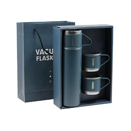 Elegance Termos Seti: 500ml Termos & 3 Bardak, Şık Karton Ambalaj Mavi