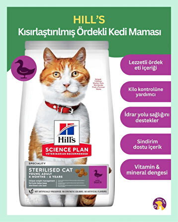 Hill's Science Plan Kısırlaştırılmış Ördek Etli Yetişkin Kedi Maması 3 kg