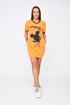 Bisiklet Yaka Baskı ve Taşlı Hardal Kadın Elbise