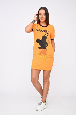 Bisiklet Yaka Baskı ve Taşlı Hardal Kadın Elbise