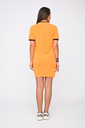 Bisiklet Yaka Baskı ve Taşlı Hardal Kadın Elbise