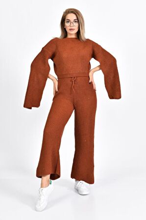 Bisiklet Yaka Asimetrik Kollu Kiremit Triko Kadın Elbise