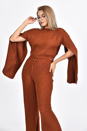 Bisiklet Yaka Asimetrik Kollu Kiremit Triko Kadın Elbise