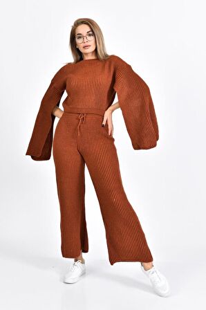 Bisiklet Yaka Asimetrik Kollu Kiremit Triko Kadın Elbise