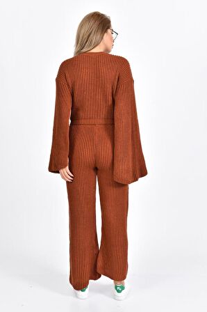 Bisiklet Yaka Asimetrik Kollu Kiremit Triko Kadın Elbise