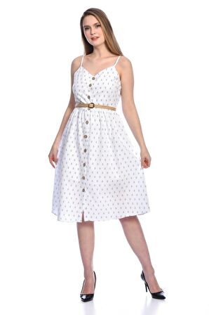 Modkofoni Askılı Sıra Düğmeli Kemerli ve Baskılı Beyaz Keten Kadın Elbise