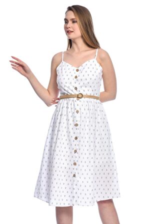 Modkofoni Askılı Sıra Düğmeli Kemerli ve Baskılı Beyaz Keten Kadın Elbise