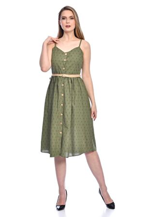 Modkofoni Askılı Sıra Düğmeli Kemerli ve Baskılı Haki Keten Kadın Elbise