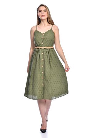 Modkofoni Askılı Sıra Düğmeli Kemerli ve Baskılı Haki Keten Kadın Elbise