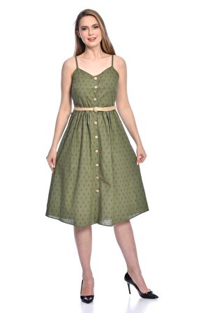Modkofoni Askılı Sıra Düğmeli Kemerli ve Baskılı Haki Keten Kadın Elbise