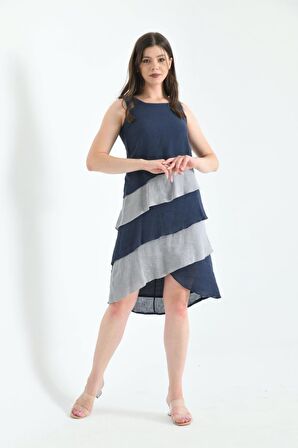 Yuvarlak Yaka Kolsuz Lacivert Kat Kat Kadın Elbise