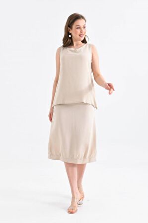 Bisiklet Yaka Sırt Detaylı Alt Üst İkili Bej Elbise