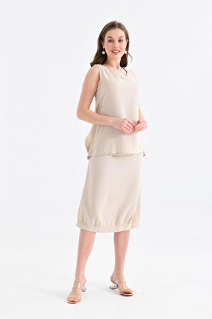 Bisiklet Yaka Sırt Detaylı Alt Üst İkili Bej Elbise