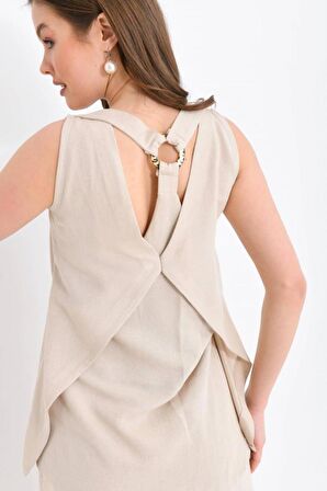 Bisiklet Yaka Sırt Detaylı Alt Üst İkili Bej Elbise