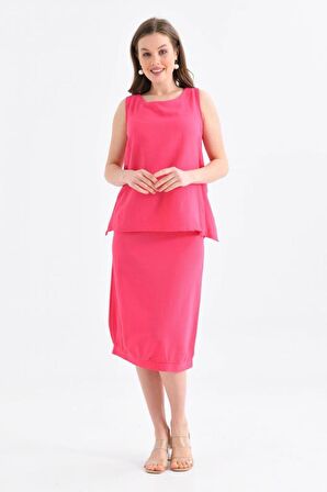 Bisiklet Yaka Sırt Detaylı Alt Üst İkili Fuşya Elbise
