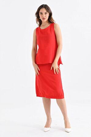 Bisiklet Yaka Sırt Detaylı Alt Üst İkili Kırmızı Elbise