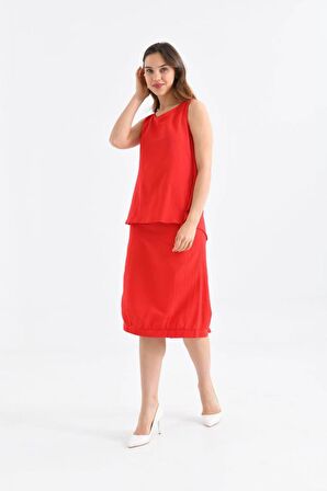 Bisiklet Yaka Sırt Detaylı Alt Üst İkili Kırmızı Elbise