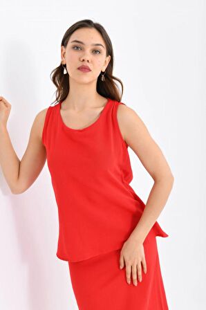 Bisiklet Yaka Sırt Detaylı Alt Üst İkili Kırmızı Elbise