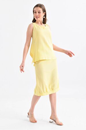 Bisiklet Yaka Sırt Detaylı Alt Üst İkili Sarı Elbise