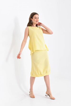 Bisiklet Yaka Sırt Detaylı Alt Üst İkili Sarı Elbise