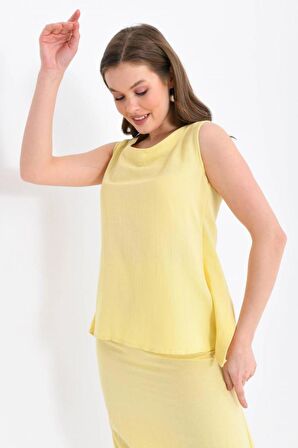 Bisiklet Yaka Sırt Detaylı Alt Üst İkili Sarı Elbise