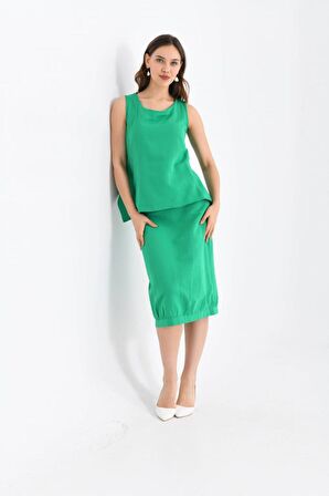 Bisiklet Yaka Sırt Detaylı Alt Üst İkili Yeşil Elbise