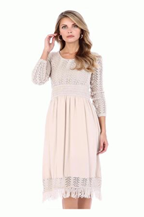 Kuş Gözlü Saçaklı Bej Triko Kadın Elbise