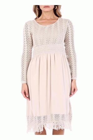 Kuş Gözlü Saçaklı Bej Triko Kadın Elbise