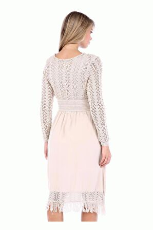 Kuş Gözlü Saçaklı Bej Triko Kadın Elbise