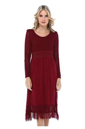 Kuş Gözlü Saçaklı Bordo Triko Kadın Elbise